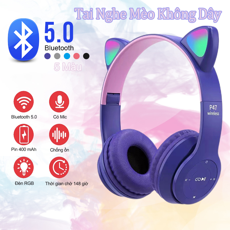 Tai Nghe Mèo Bluetooth Chống Ồn,Tai Nghe Chụp Tai Không Dây Có Mic Hỗ Trợ Cắm Dây Cắm Thẻ Nhớ