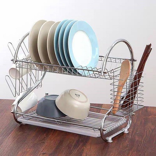 [GIÁ CỰC RẺ] Kệ 2 tầng inox 304 chống han gỉ bền bỉ đựng bát đĩa sau khi rửa xong nhanh khô, gọn gàng, thiết kế ngăn trên đựng đĩa, ngăn dưới đựng bát to, bát con, kèm ống thìa đũa inox và khay úp ly cốc, vung nồi