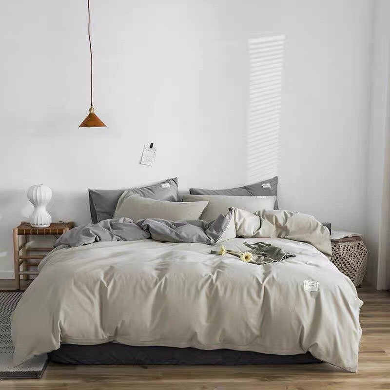 Bộ Chăn Ga Gối Cotton TC BE PHỐI GHI, set 4 món gồm vỏ chăn, ga bọc chun, đôi vỏ gối nằm, chất liệu thoáng mát, bền màu, dễ giặt sạch, phong cách Hàn Quốc trẻ trung, hiện đại, miễn phí bo chun