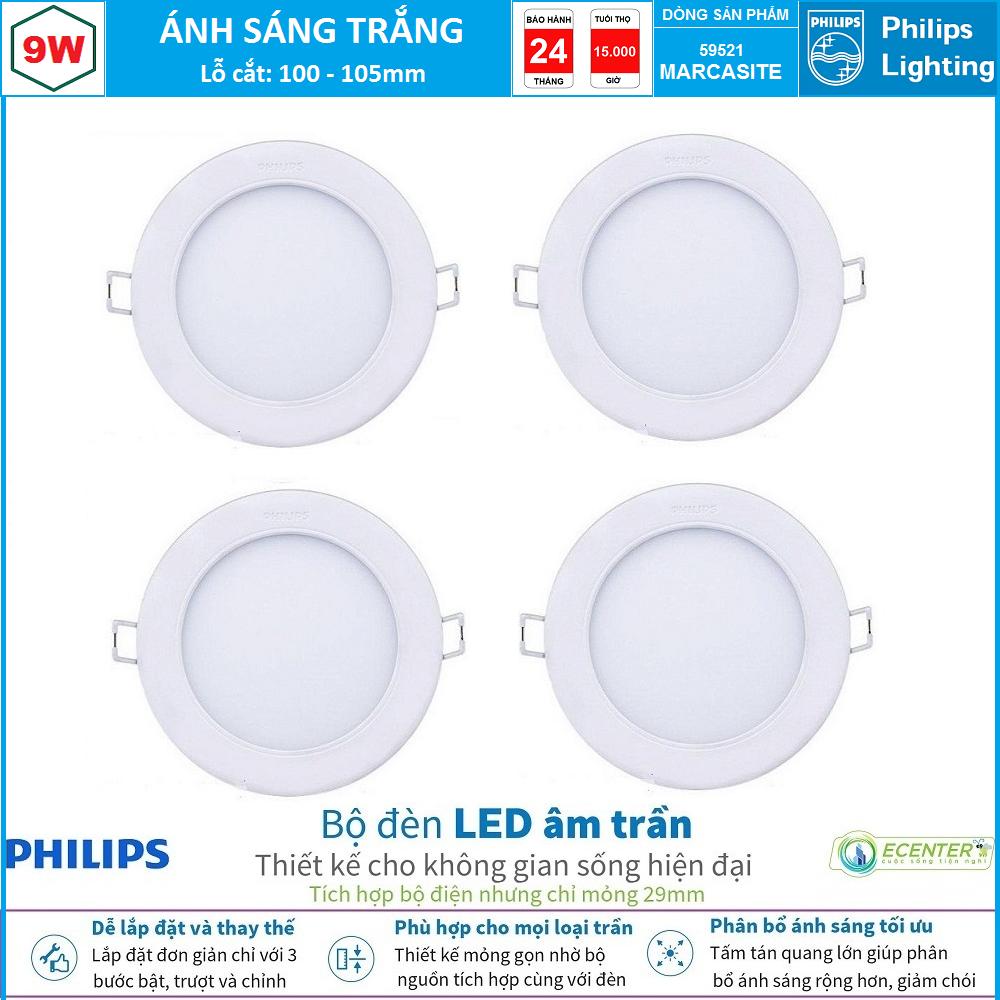 ( Bộ 4 ) Đèn Led Âm trần 9W Philips Downlight 59521 MARCASITE D100 ( Ánh Sáng Trắng & Trung Tính & Vàng )