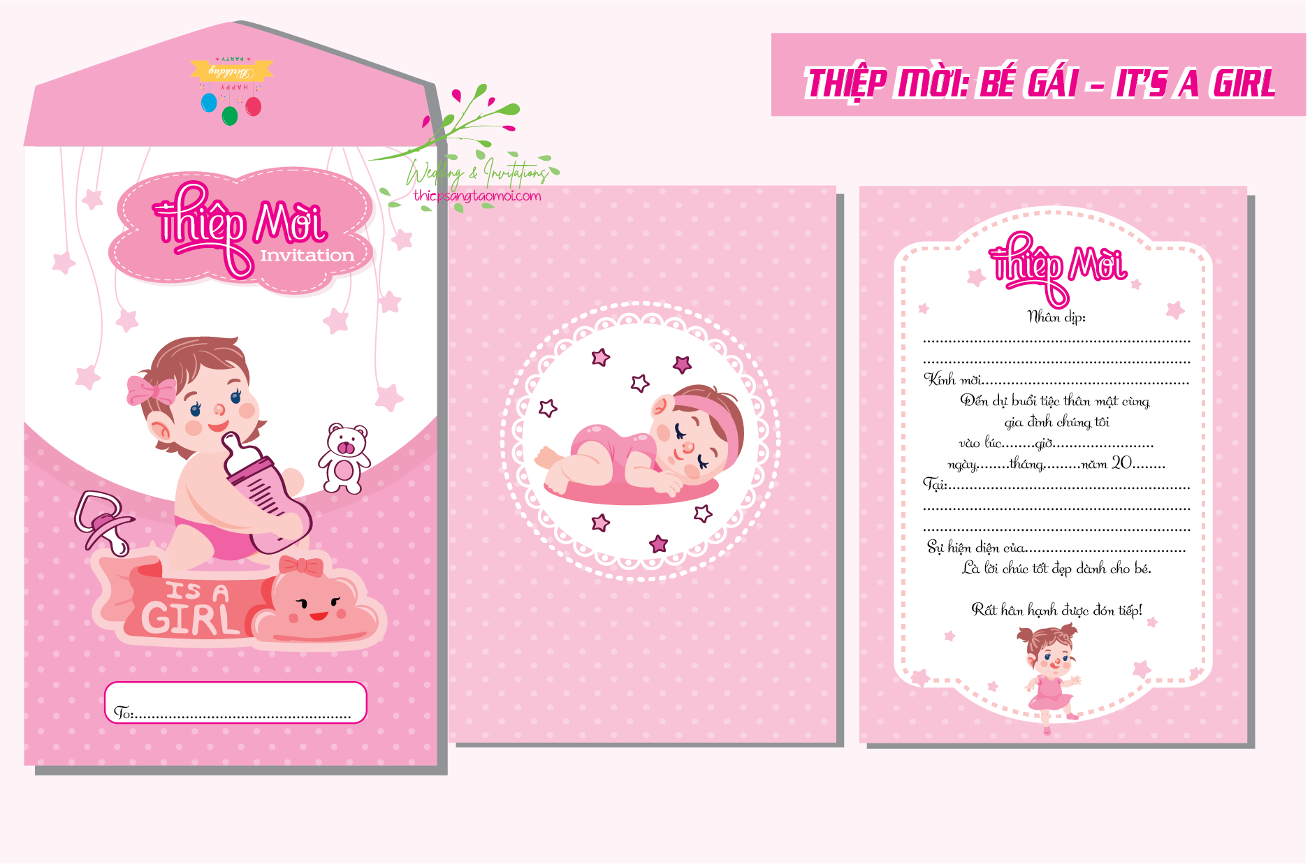 Combo 30 thiệp mời thôi nôi, đầy tháng bé gái cute