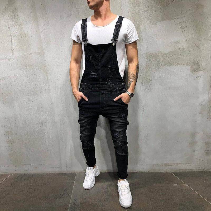 Quần yếm nam S-3XL quần jean yếm thời trang thường ngày co giãn đàn hồi mỏng Skinny Jumpsuit Quần denim dài hip đường phố hop823
