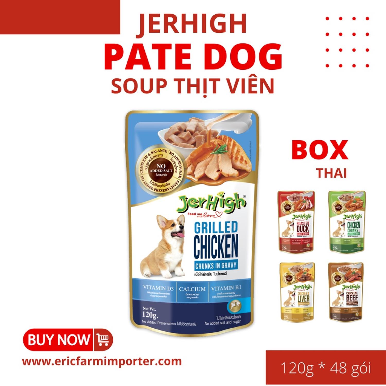 BÁN SỈ Soup thịt viên Pate cho chó Jerhigh Pouch 120g 48 gói FREE SHIP