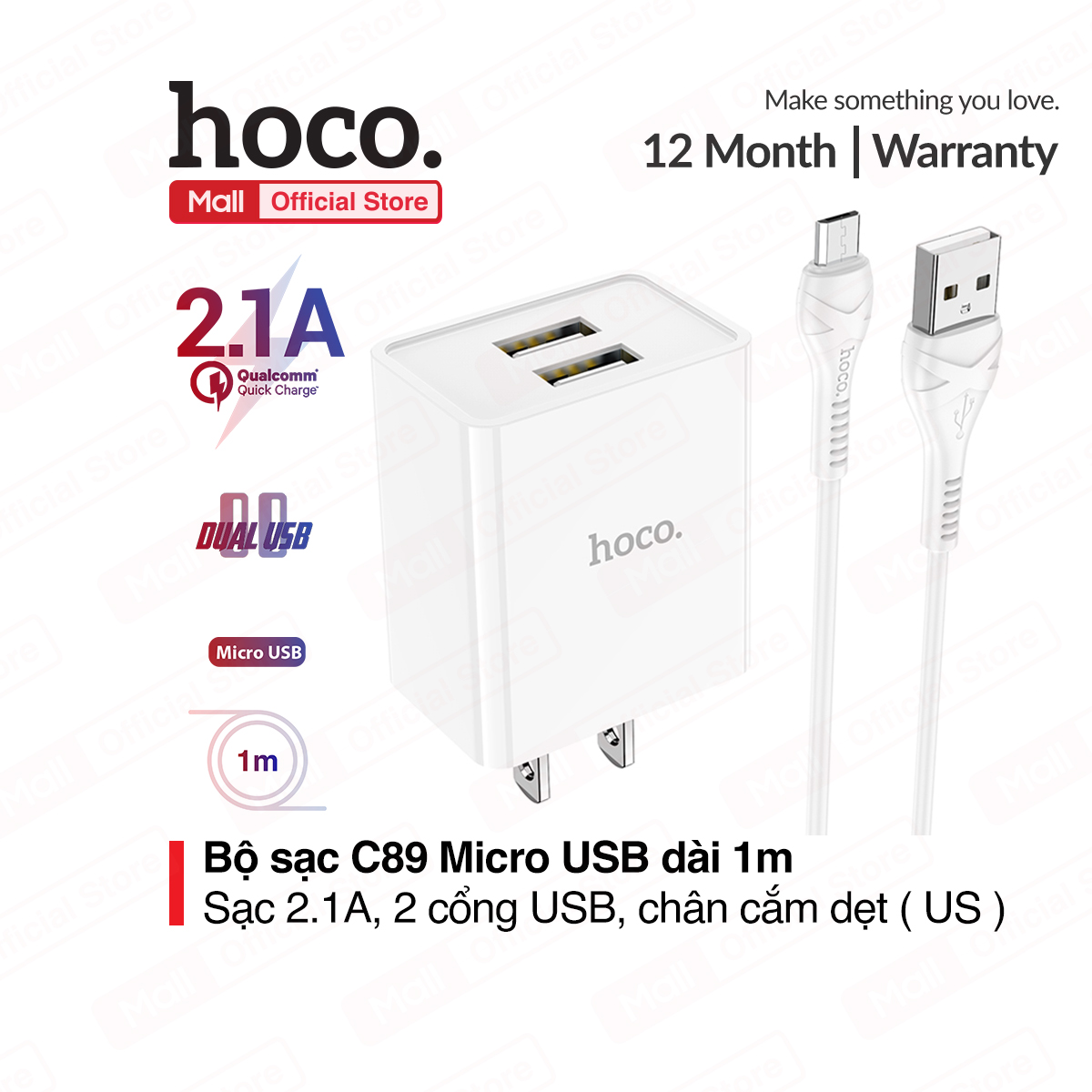 Bộ sạc Hoco C89 Micro USB 2 cổng USB sạc nhanh 2.1A tương thích với nhiều dòng Samsung/Oppo/Xiaomi... chân cắm US kèm dây dài 1m