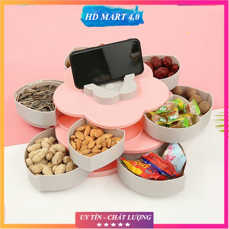 Khay đựng mứt kẹo tự xoay hình cánh hoa 2 tầng - Hộp đựng bánh mứt cánh hoa sen 10 ngăn - Khay mứt tết 2023