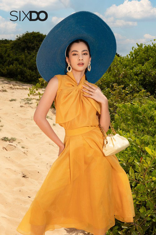 Chân váy tơ oganza hai lớp SIXDO (Yellow Box Pleated Midi Skirt)