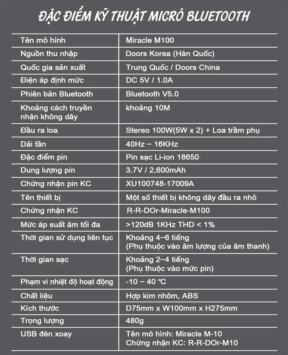 Micro Bluetooth Miracle M100 Hàn Quốc