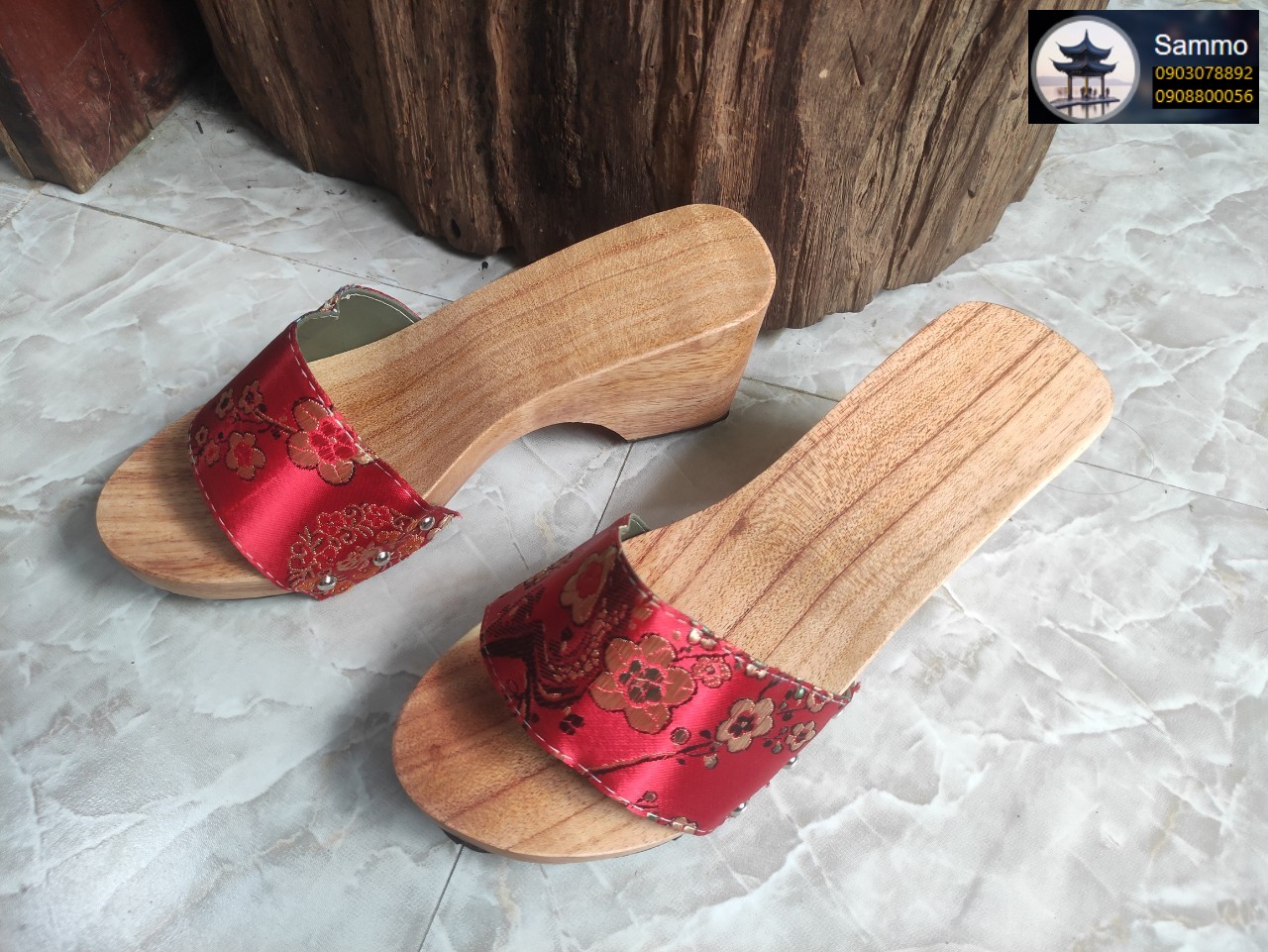 Guốc Gỗ Guốc Mộc Cao 7 Phân Quai Gấm Lụa Đủ Màu ( Có đóng thêm đế cao su )