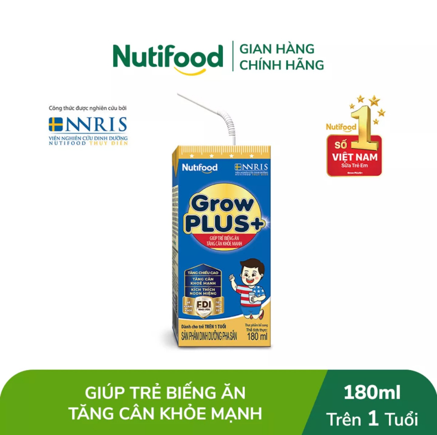 Thùng 48 Hộp Sữa Bột Pha Sẵn NutiFood Grow Plus 1+ {Xanh} (180ml).
