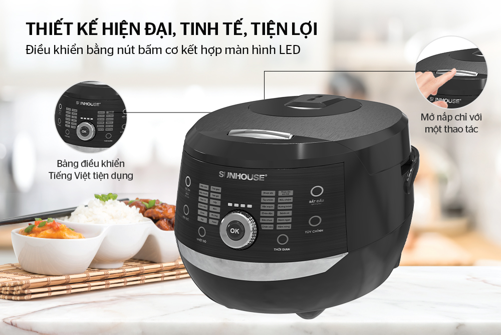 Nồi cơm điện tử Sunhouse SHD8911 dung tích 1.8L + tặng dao làm bếp màu đen