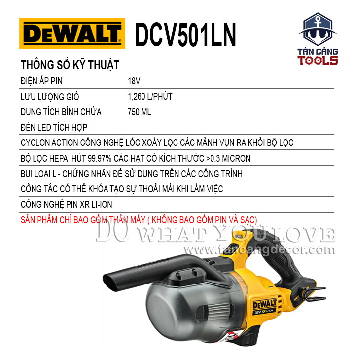 Máy Hút Bụi Khô Dùng Pin DeWalt 20V DCV501LN ( Thân Máy )