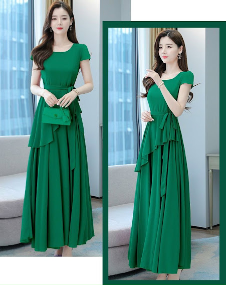 Long Stuffed Dress with Ruffled Hem and Tie-Waist