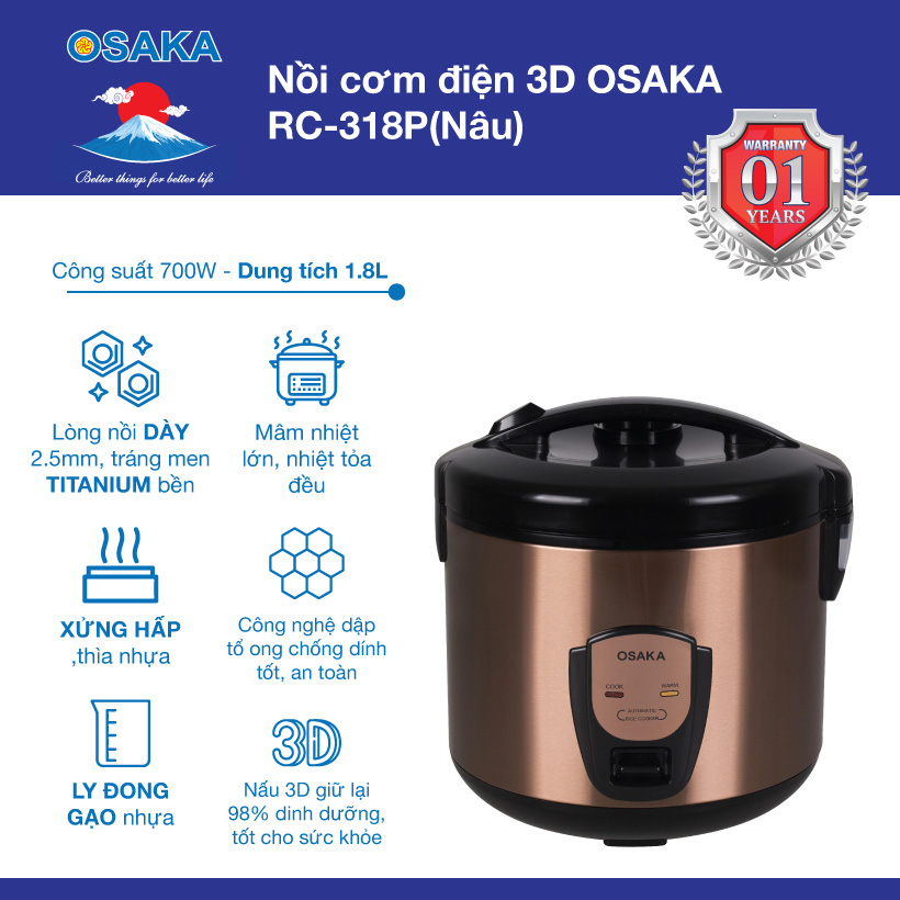 Nồi cơm điện OSAKA RC318P 1.8L (Nâu Đồng)