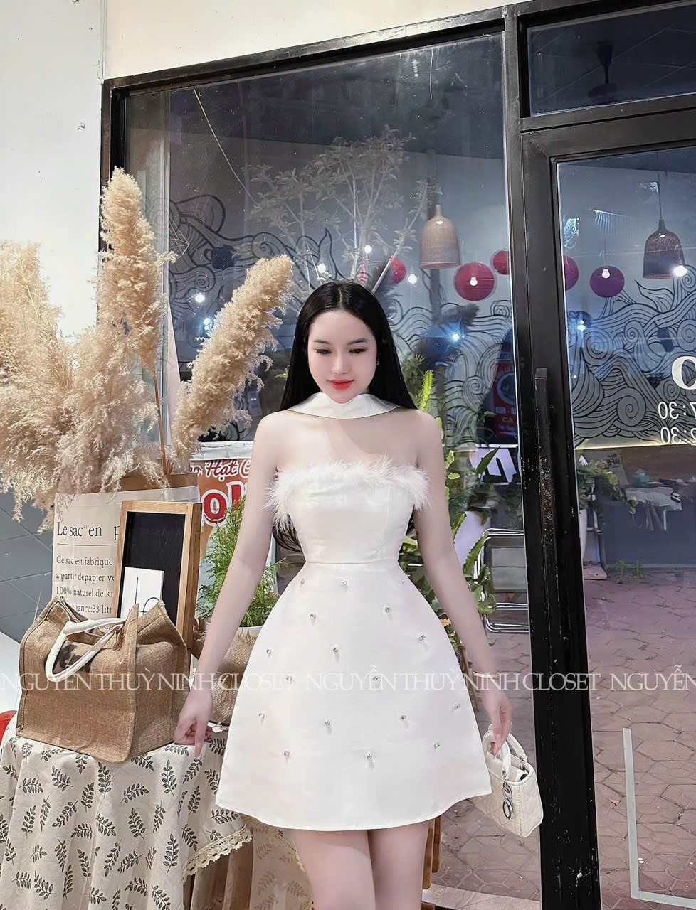 [one size dưới 54kg tùy chiều cao] váy đầm nữ đầm tapta phối lông đính cườm ( có lớt có mút ngực )