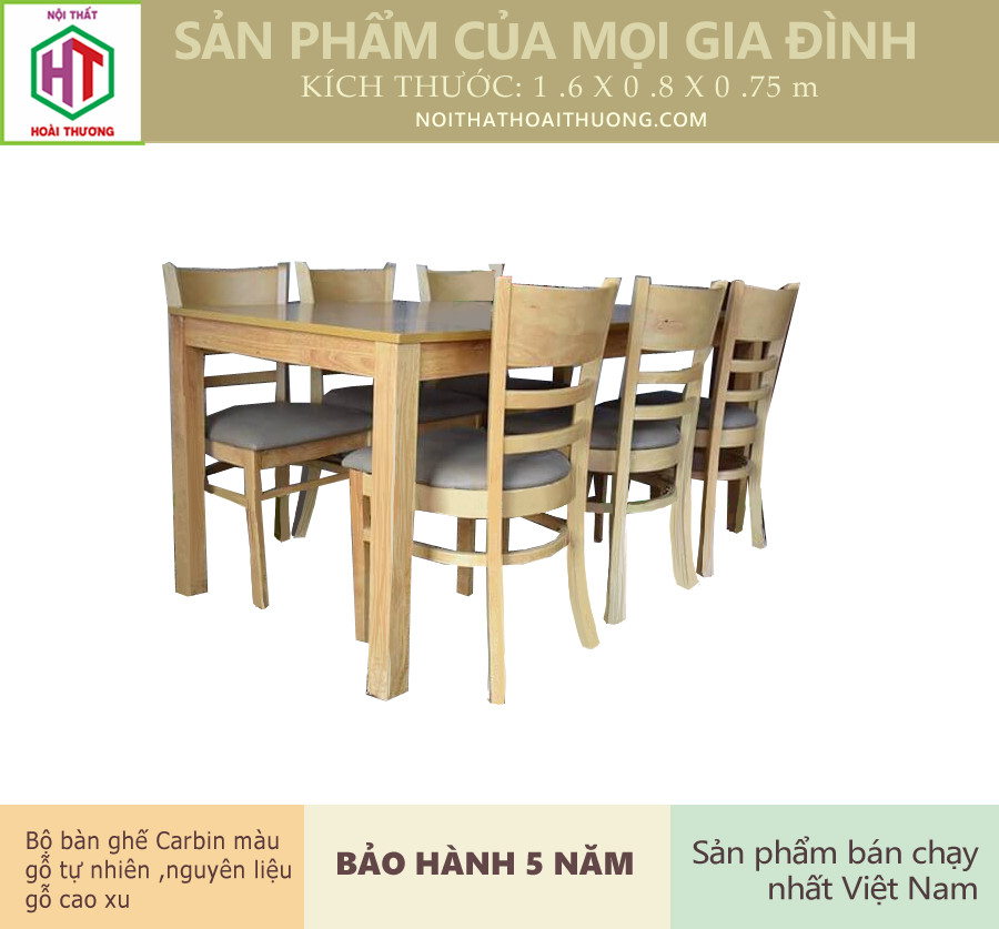 Bô bàn ghế phòng ăn carbin 1.6 m 6 ghế gỗ ht06216cb4g màu gỗ tự nhiên