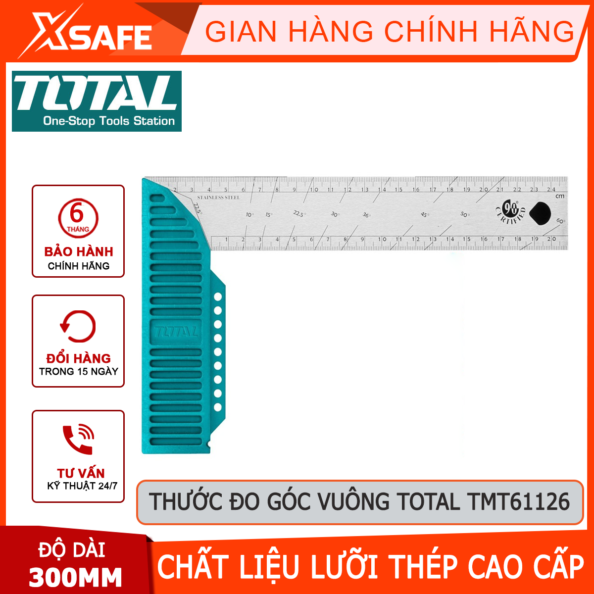 Square protractor total TMT61126 | size eke square length 300mm (12 "), knife Edge width 40mm, blade thickness: 1,5mm, stainless steel blade, để measuring angle square beveled edge measuring inside and outside [XTools] [xsafe]
