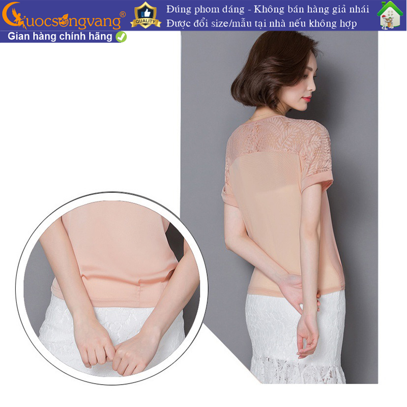 Áo lụa nữ gấu thun cổ v ngắn tay phối ren Queenbe GLA113