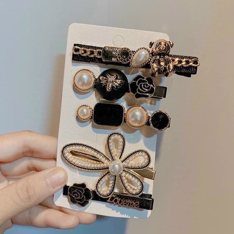 Set 5 Kẹp Tóc Gắn Đá Phối Đen❤️Siêu Rẻ❤️ Kẹp Tóc Tiểu Thư Phong Cách Hàn Quốc