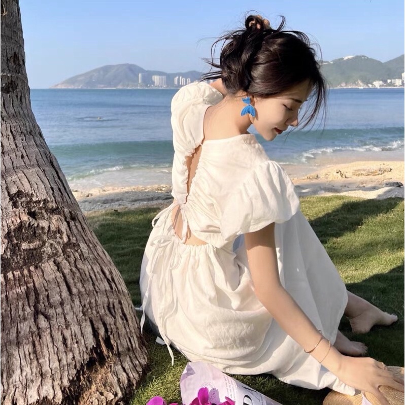 (có bigsize) ĐẦM MIDI TRẮNG CUTOUT LƯNG