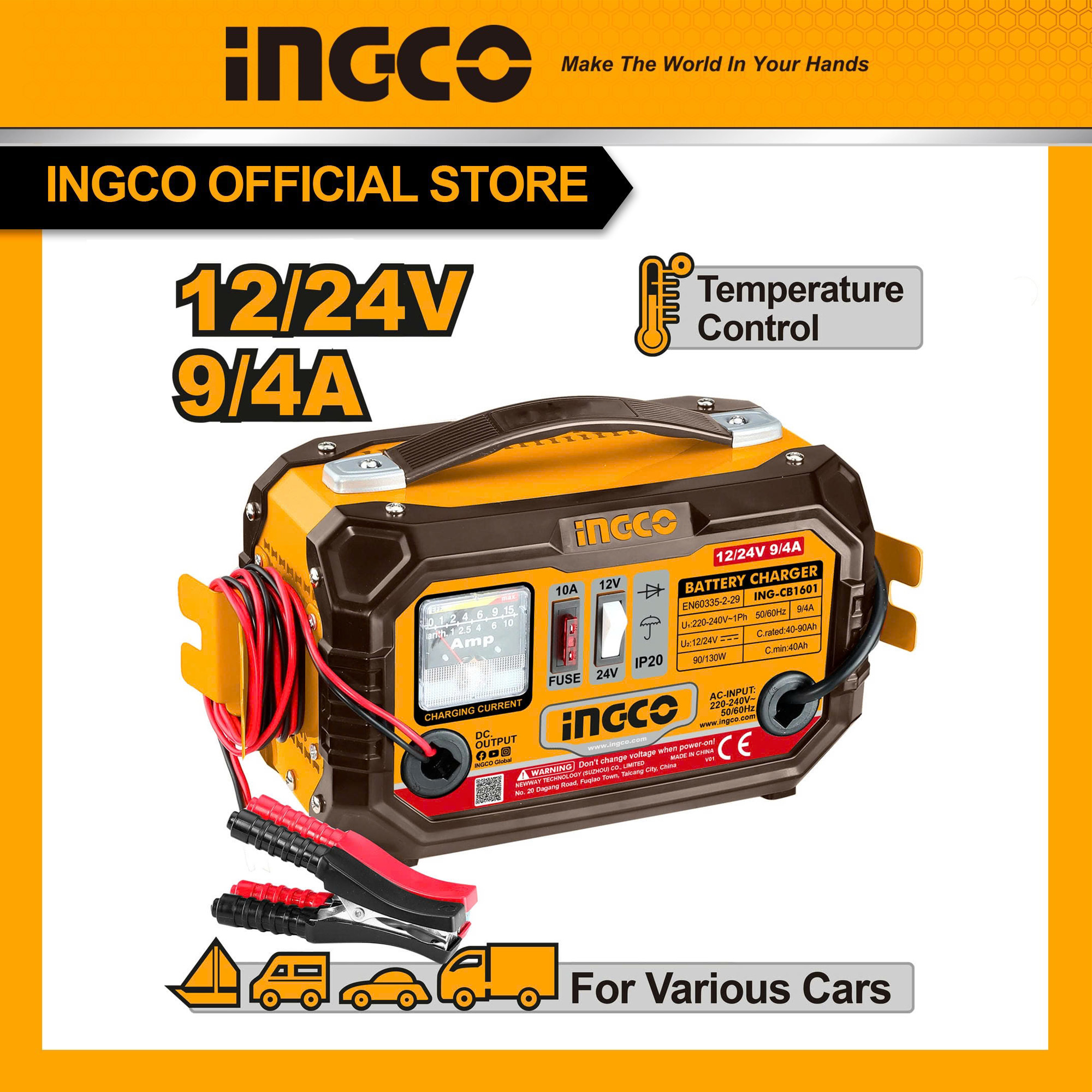 Ingco Ing-Cb1601 12V 24V Battery Charger Input Voltage 12/24V Rated Current 9/4A Boost Current 12A Standard Capacity Min 28-180Ah Max