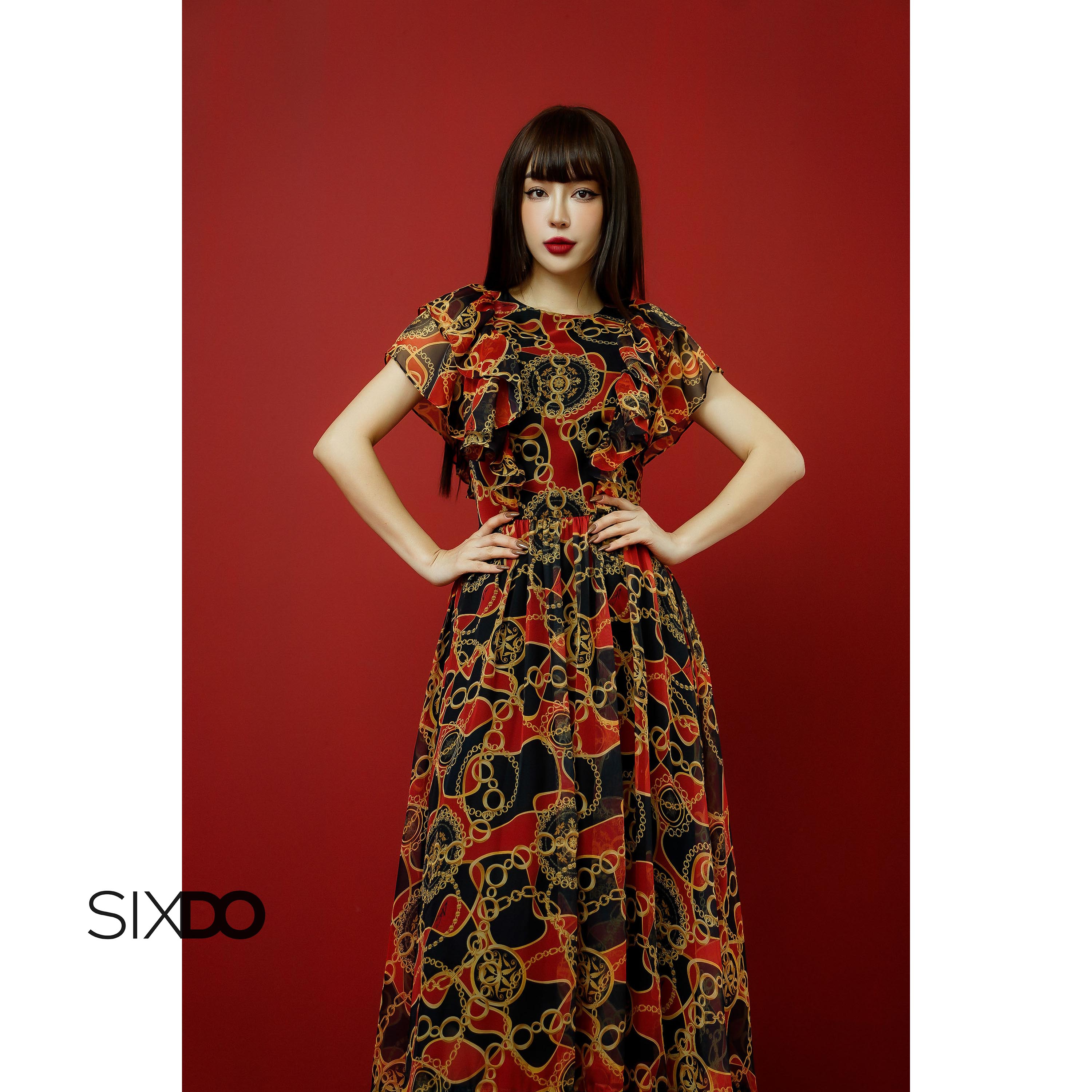Đầm voan họa tiết baroque SIXDO (Black Baroque Print Tiered Midi Voile Dress)