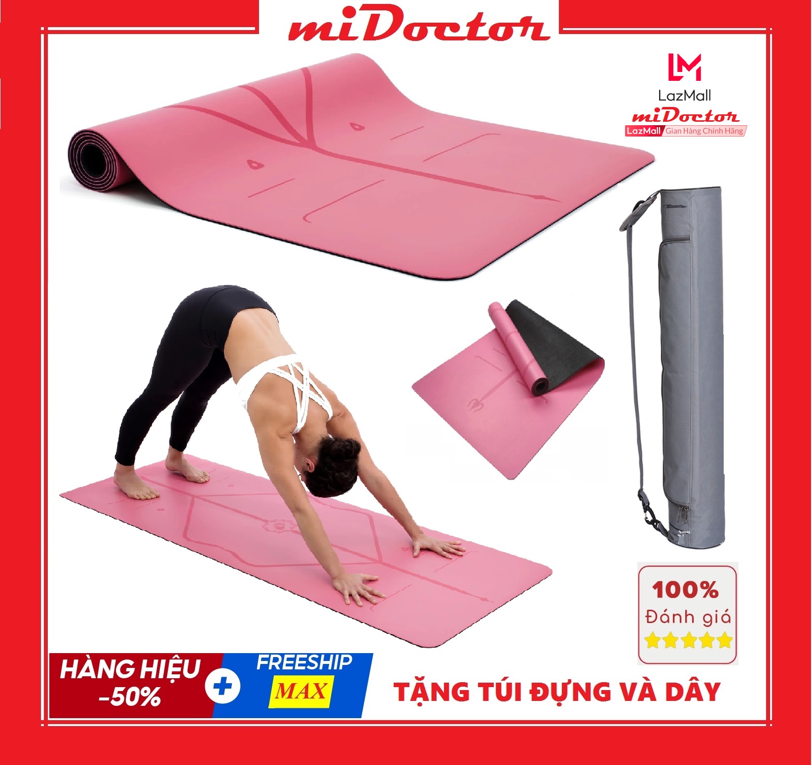 Thảm Tập Yoga Định Tuyến Cao Su PU Cao Cấp Chính Hãng miDoctor Màu Hồng+ Túi Đựng Thảm Tập Yoga PU Định Tuyến + Dây Buộc Thảm Yoga PU Định Tuyến