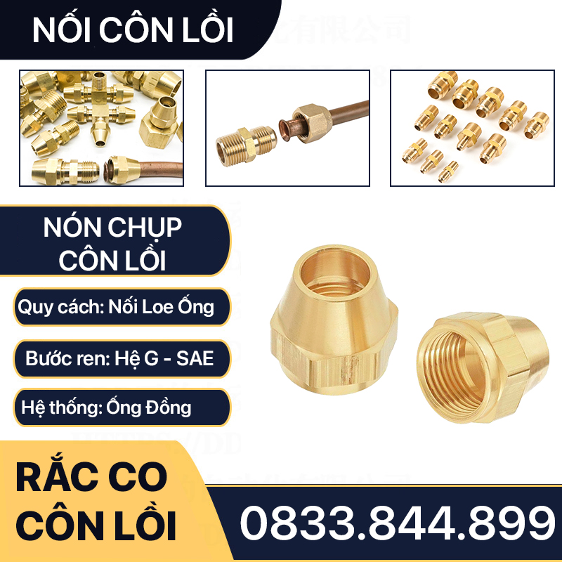 Rắc co nón chụp ren trong nối côn lồi hàn ống đồng 6 8 10 12 16 19 mm cho điện lạnh & khí nén (Brass Flare Male Connector)- Rắc co ren NPT