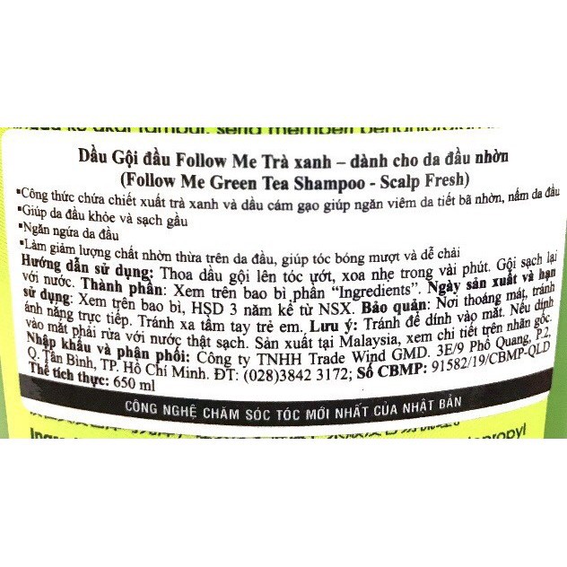 [HCM]DẦU GỘI TRÀ XANH FOLLOW ME 650ML (DA ĐẦU NHỜN) [shophoakho]