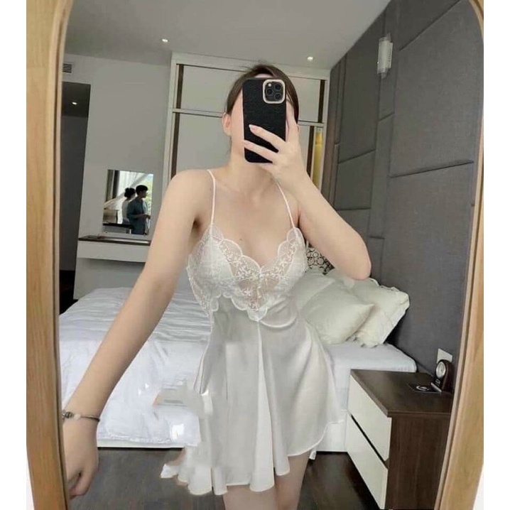 Váy ngủ lụa 2 dây phối ren hoa sexy cao cấp đầm ngủ xinh xắn dễ thương đầm ngủ sexy