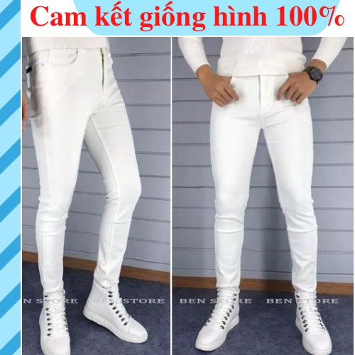 Quần jean nam co giãn 4 chiều, quần bò màu trắng trơn dáng ôm chất vải cao cấp