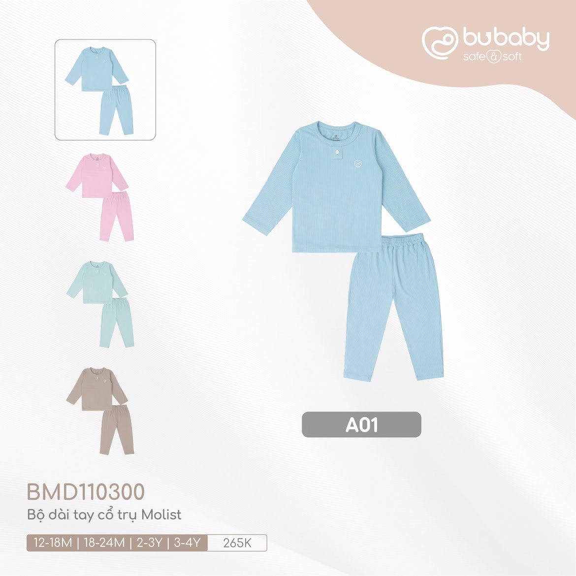 Bộ quần áo dài tay cổ trụ trẻ em Molist Bu