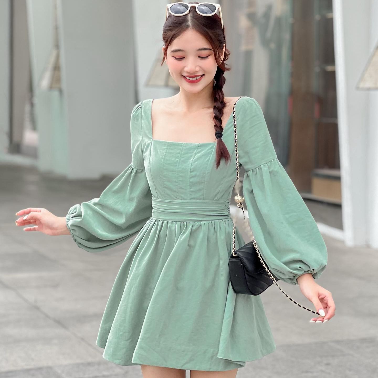 Đầm POLIE - Đầm tay phồng nhún eo
