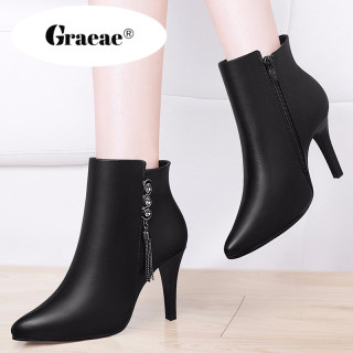 GRAEAE Giày boot nữ cao cấp gót vuông cá tính phong cách Hàn Quốc Giày Cao Gót Nữ Dây Kéo Siêu Cao thumbnail