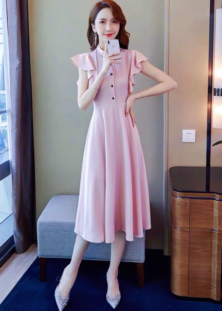 ĐẦM HỒNG CÁNH TIÊN NÚT ĐEN (có ảnh thật) MS136