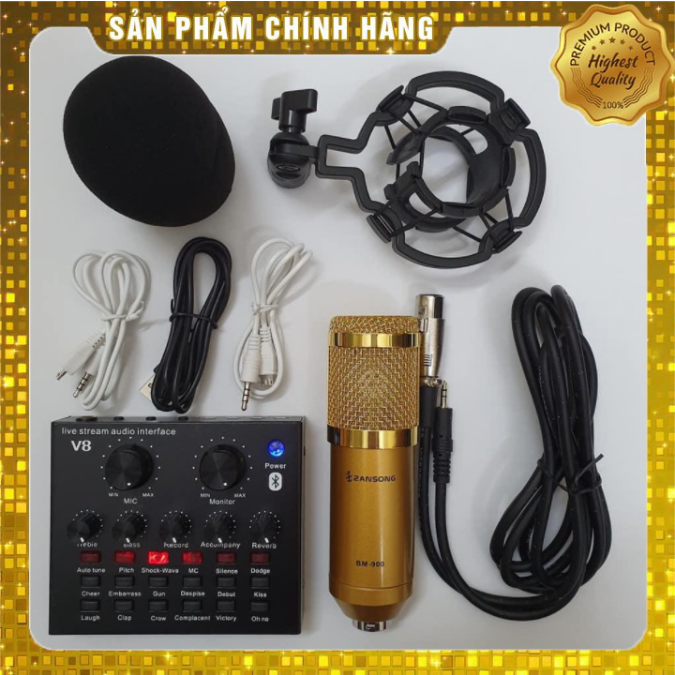 Combo thu âm livestream míc bm900 woaichang sound card v8 bluetooth bh 6 tháng đổi mới