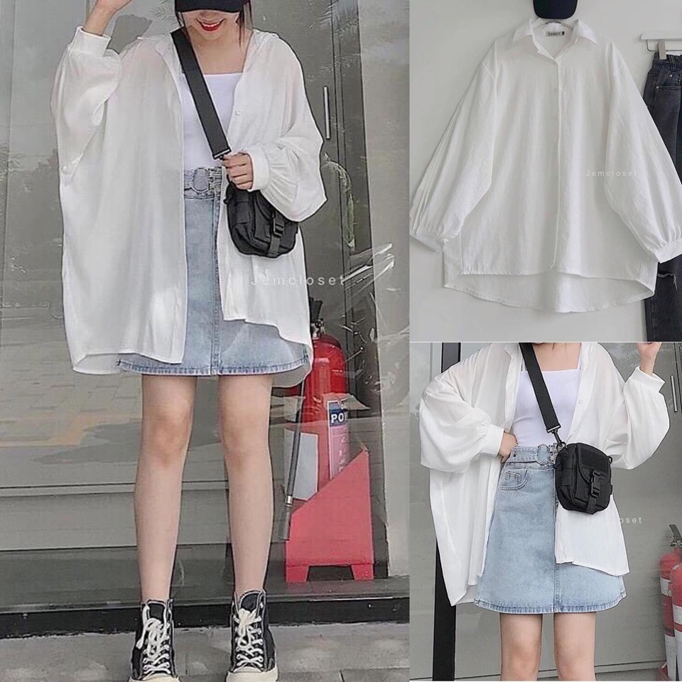 Áo sơ mi trắng tay bồng oversize jem closet / áo sơ mi trắng học sinh form rộng