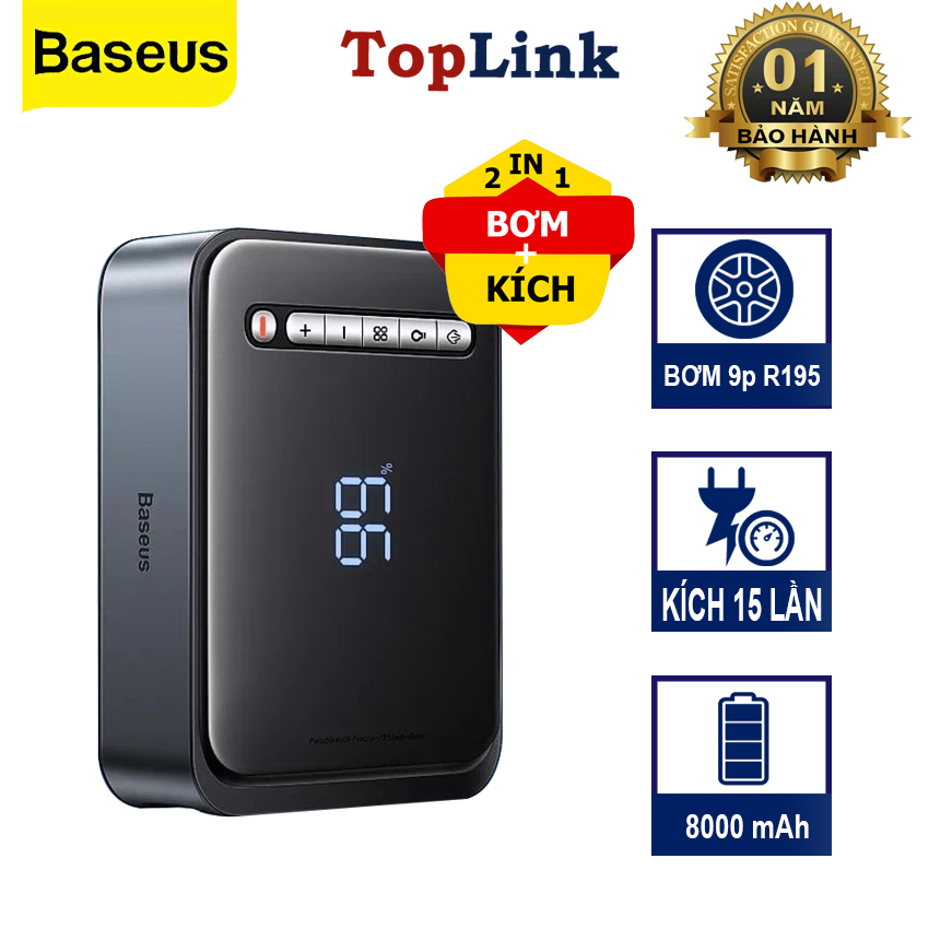 Bơm Lốp Ô Tô Kiêm Kích Nổ Xe Hơi Baseus CH003 Super Energy 2-in-1 Jump Starter Pin Sạc 8000mAh 1000A Bơm 7-9p Với Lốp R195 Kích 15 Lần - Phân phối bởi TopLink