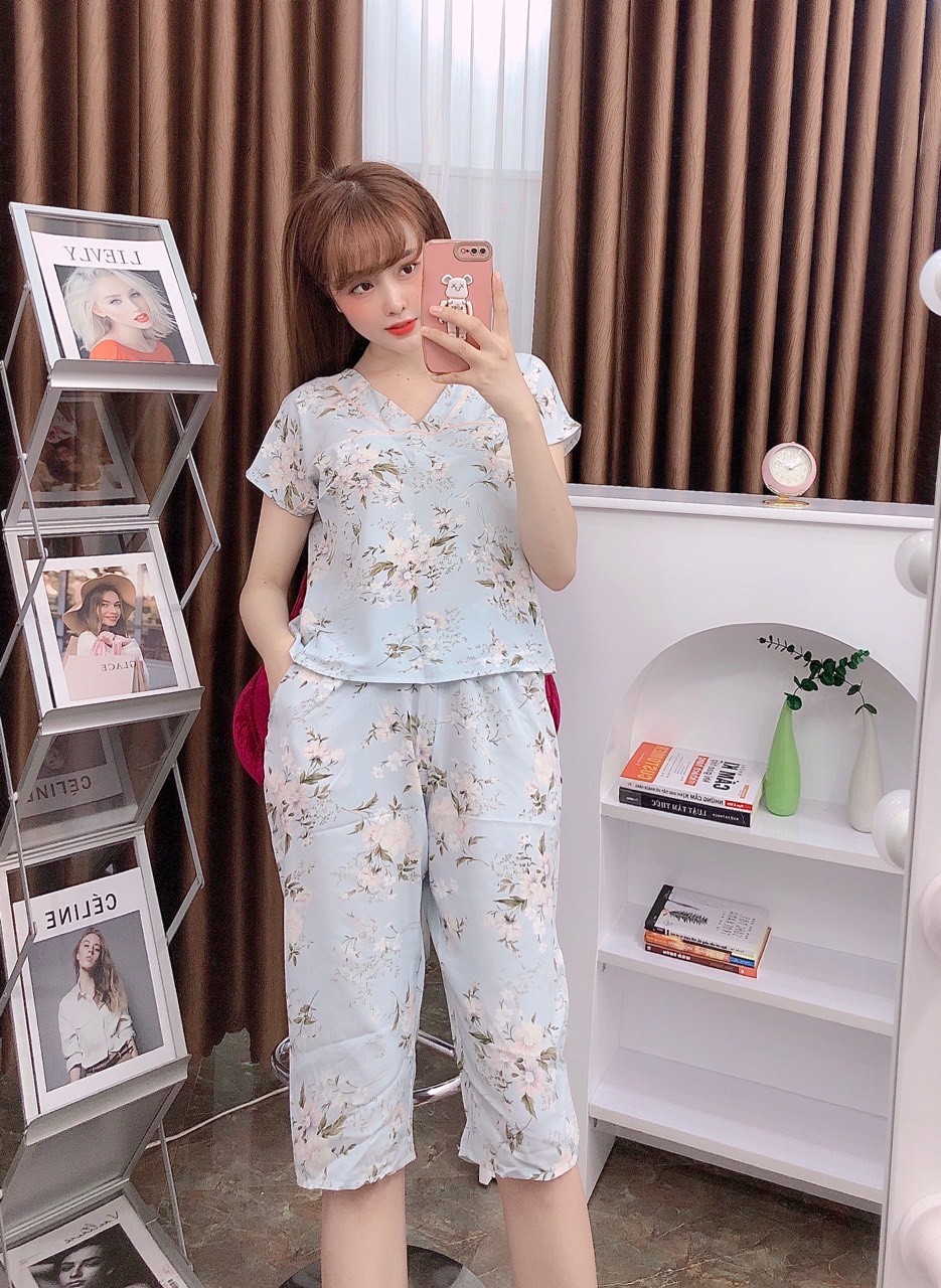 Bộ lụa mango mặc nhà bộ lụa lửng mango cổ V mặc nhà