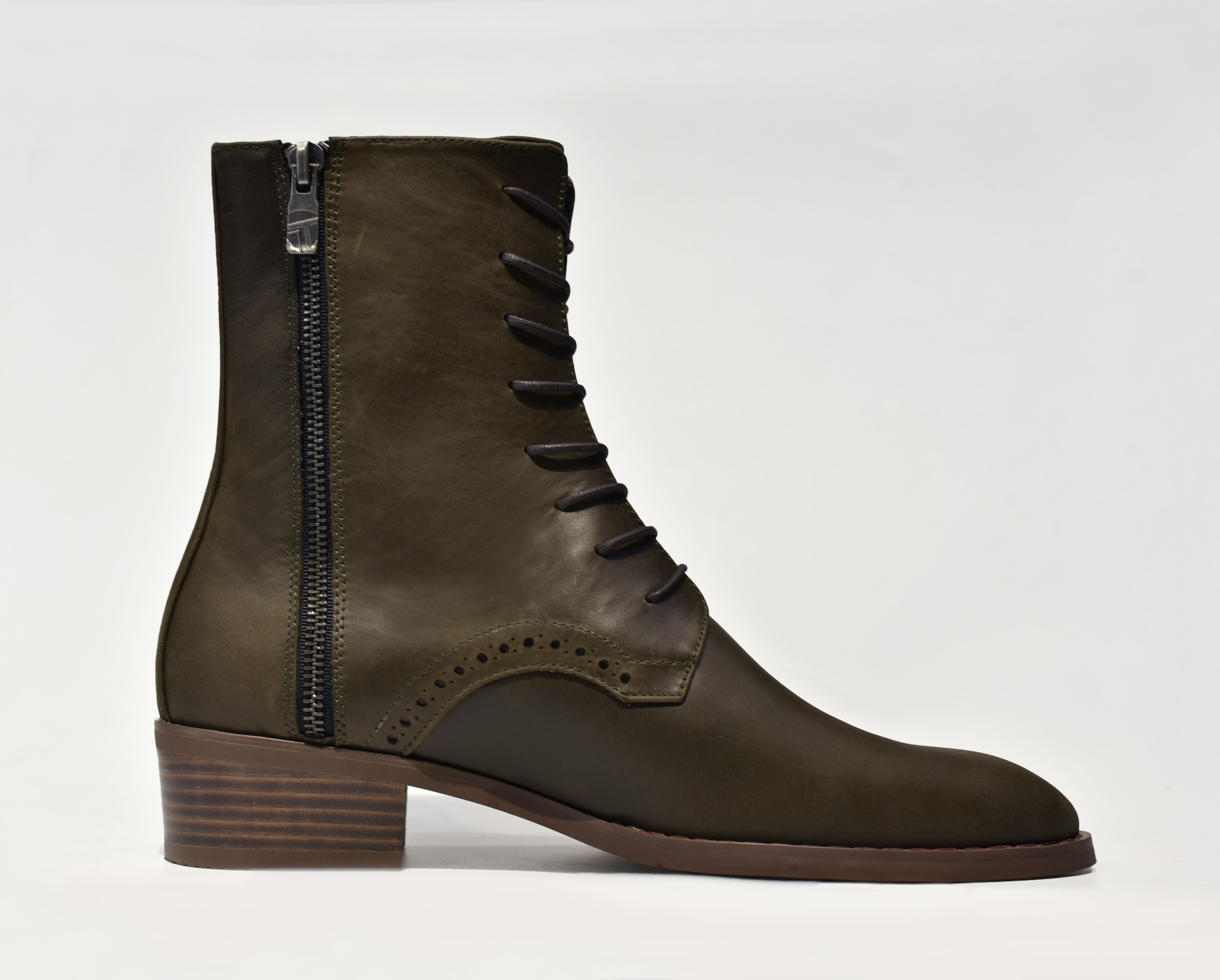 [TATHANIUM Footwear] Giày zip boot cột dây màu xanh rêu da bò pullup