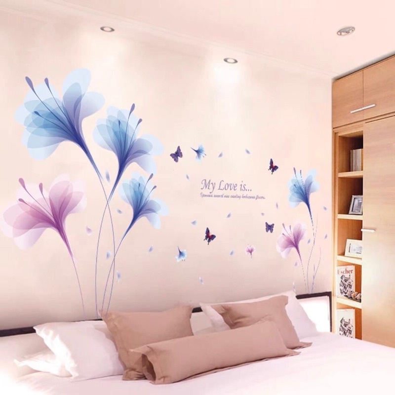 Tranh dán tường, Decal dán tường phòng ngủ hoa hồng đỏ và pha lê tím