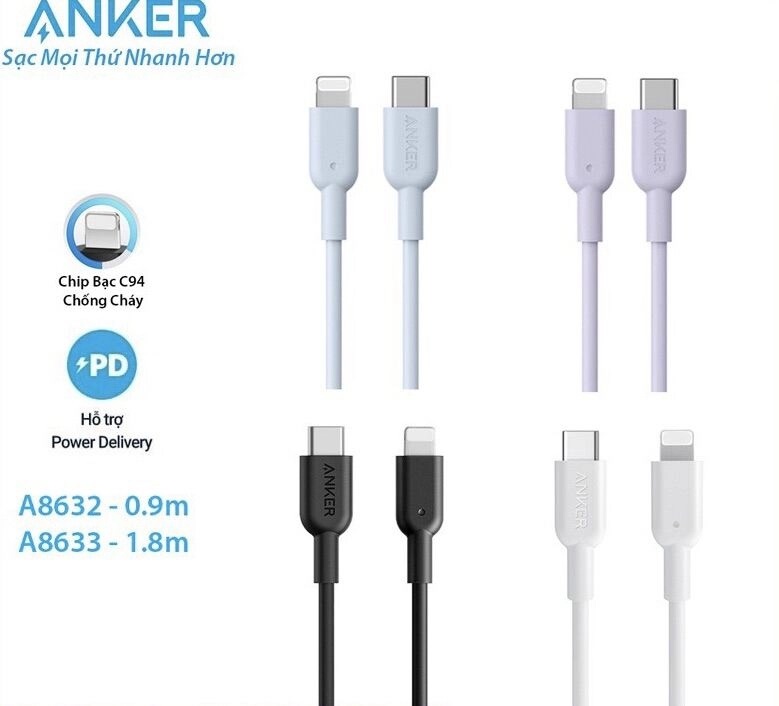 Cáp Type C to Lightning Anker PowerLine II dài 0.9m/1.8m- A8632/A8633.