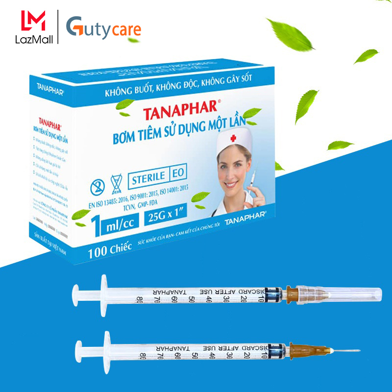Bơm tiêm - Bơm kim tiêm Xilanh sử dụng một lần 1ml/cc Tanaphar được khử trùng bằng khí E.O, vạch chia dung tích rõ nét chính xác, kim tiêm có nắp chụp bảo vệ, không gỉ - Guty Care