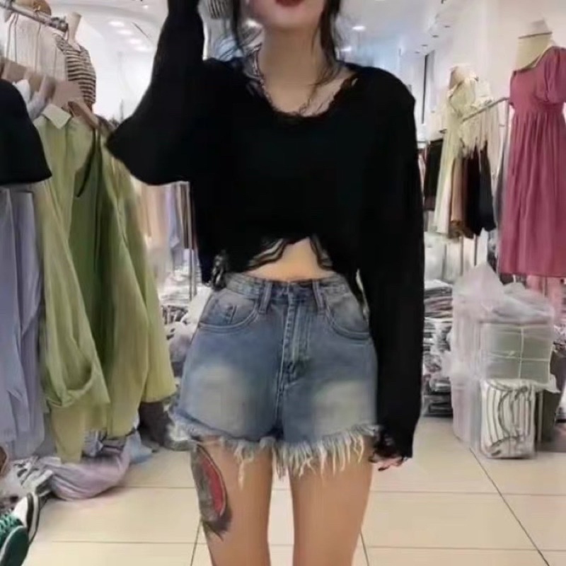 áo len dệt kim mỏng kiểu rách dáng croptop (có đệm vai) (1240#)