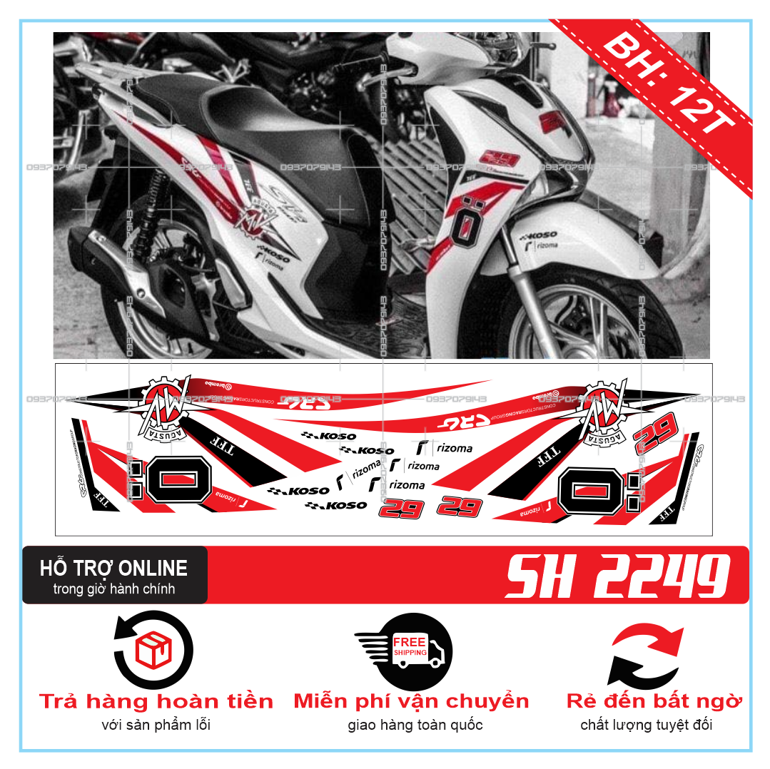 Tem xe sh 2019 ohlins đen trắng đỏ dán xe trắng, tem rời sh 2019 dán xe trắng