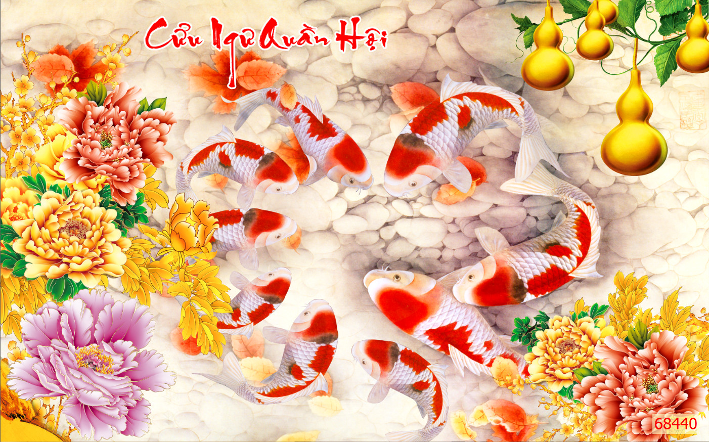 Tranh dán tường 3D Phòng Khách/Cửu Ngư Quần Hội/ Tranh Lên Màu Sắc Nét- Đóng Gói Cẩn Thận(Đã tích hợp sẵn keo),745