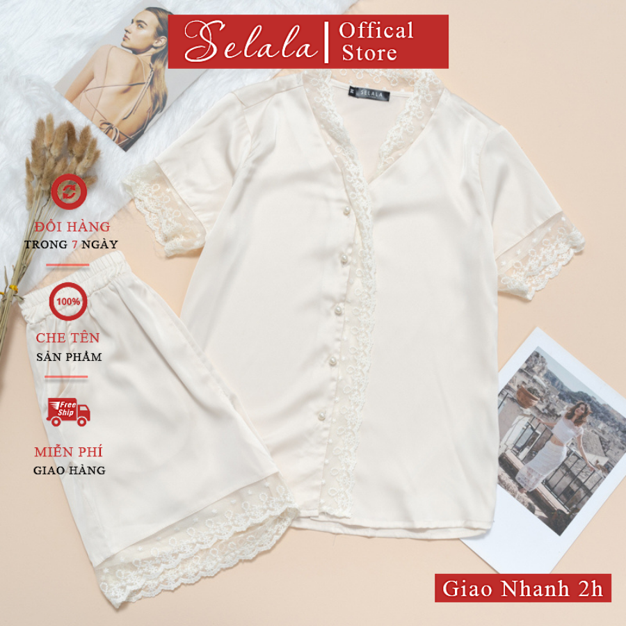 Bộ Mặc Nhà Pyjama Selala Chất Lụa Cao Cấp Phối Ren TKS01