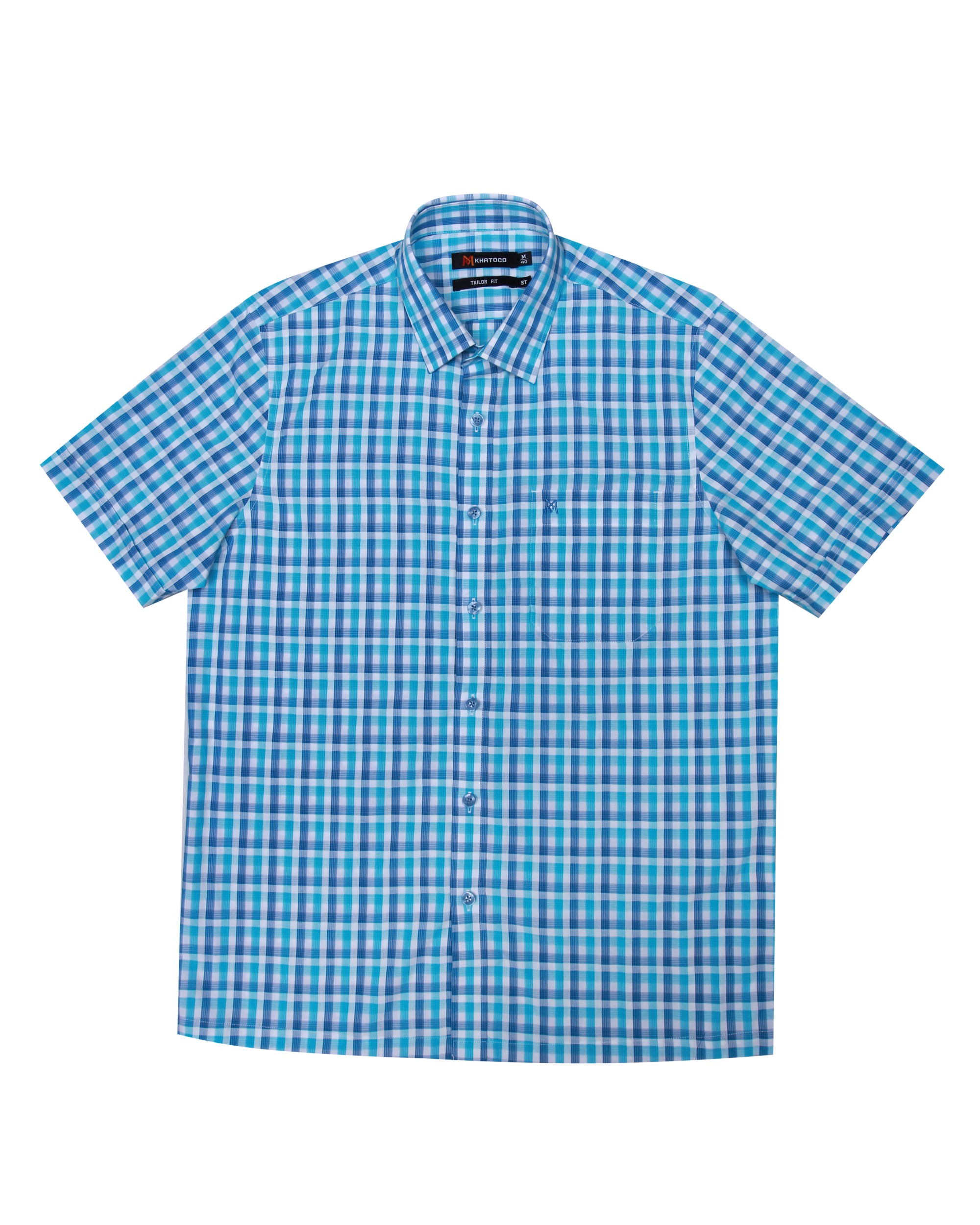 Áo sơ mi nam tay ngắn KHATOCO form Tailor Fit lai ngang caro xanh mã A1MN438T2-CNCR053-2408-N