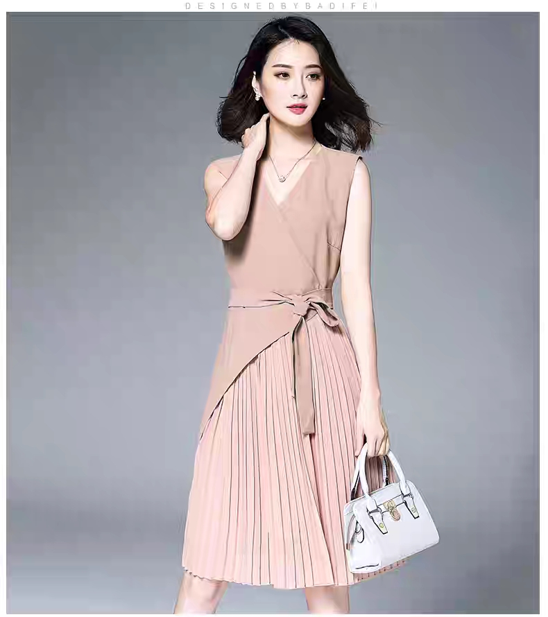 Đầm công sở vạt chéo phối chân ly (be)