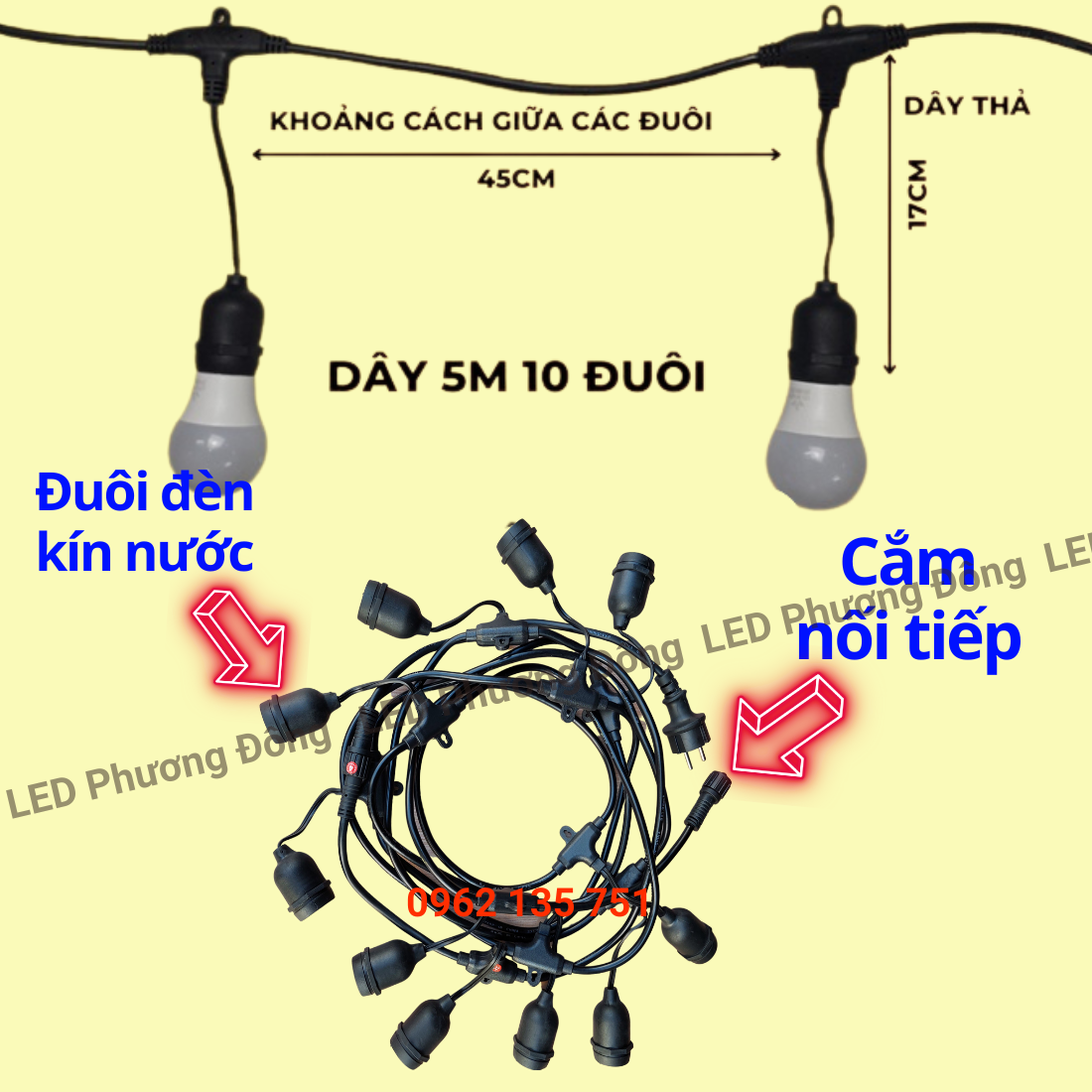 Dây đuôi đèn kín nước trang trí ngoài trời 5m - 10 đuôi