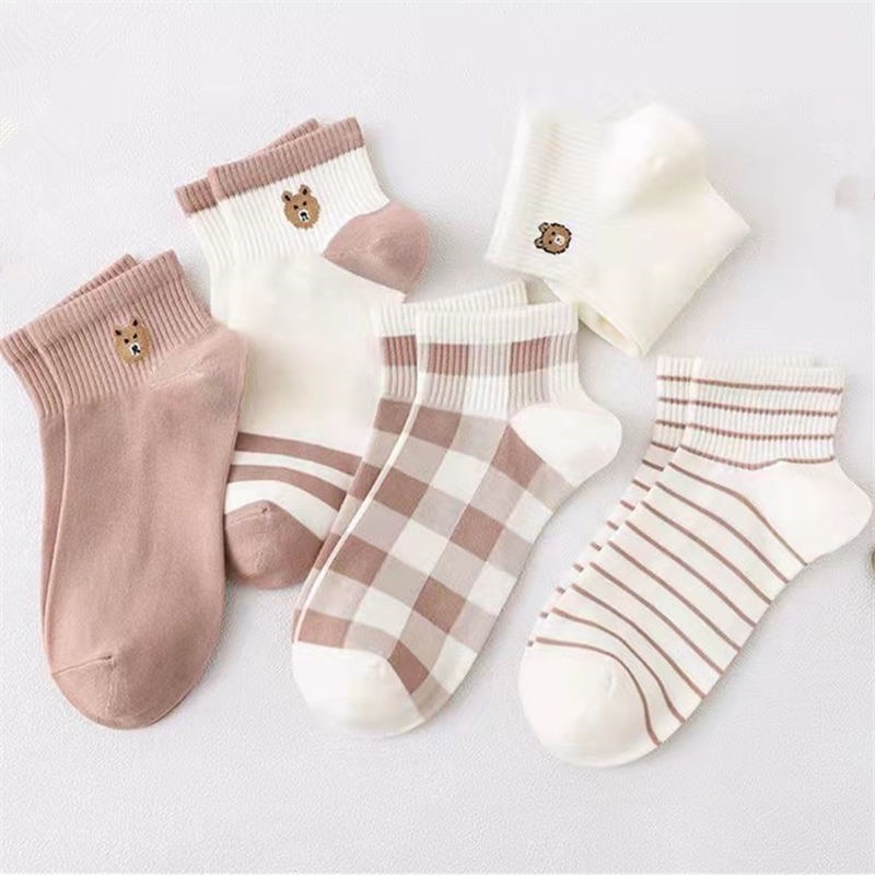 Set 5 đôi tất gấu kẻ nâu cổ ngắn
